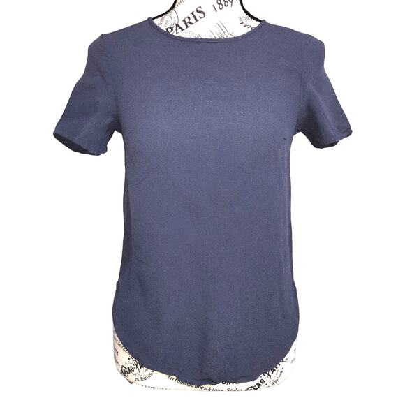 H&M SMALL/4 Round Hem Crew Neck Keyhole Back Short Sleeve Crepe Top Blouse Shirt - Picture 1 of 8